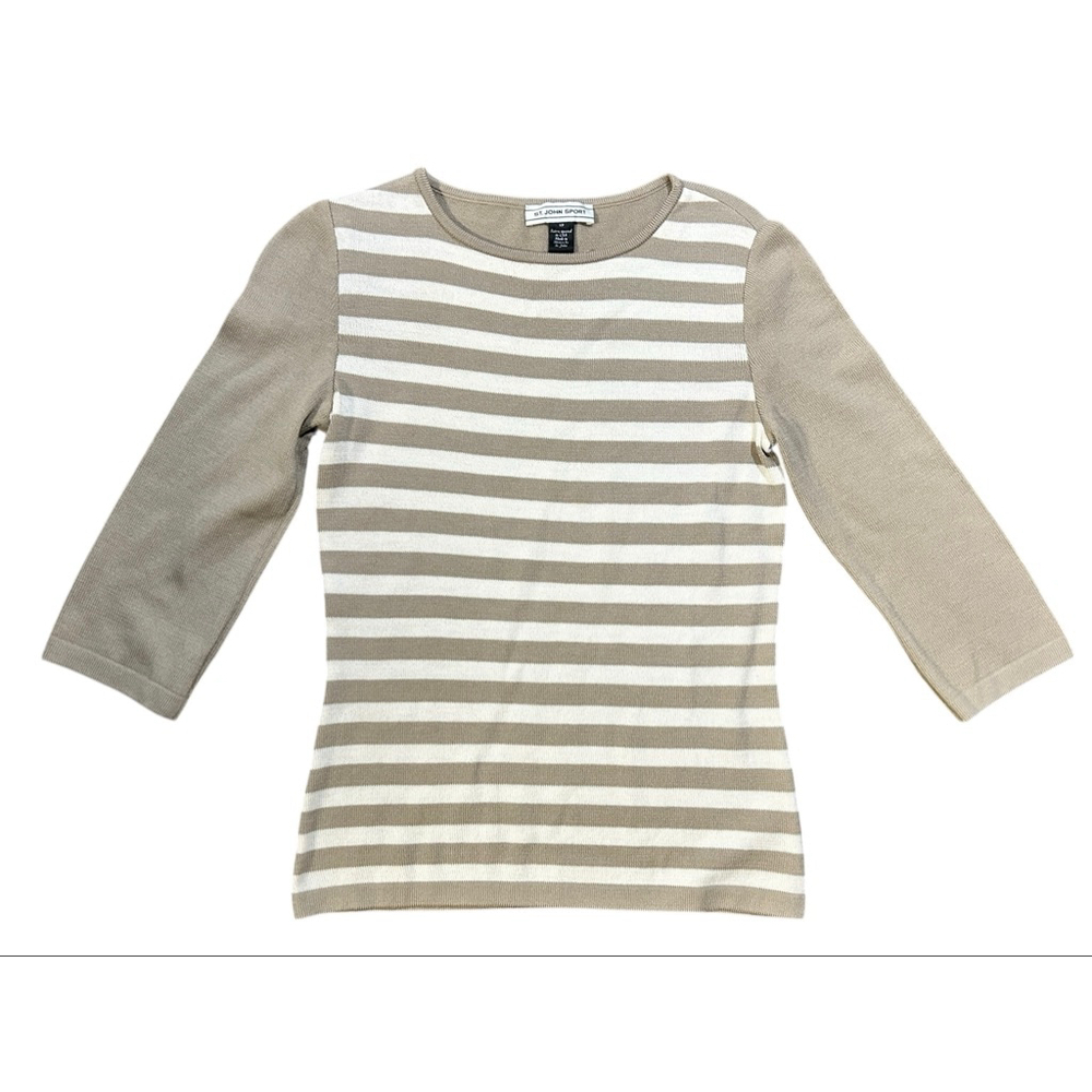 ST. JOHN SPORT Petite Long Sleeve Tee XSP Beige White Striped - Picture 2 of 7